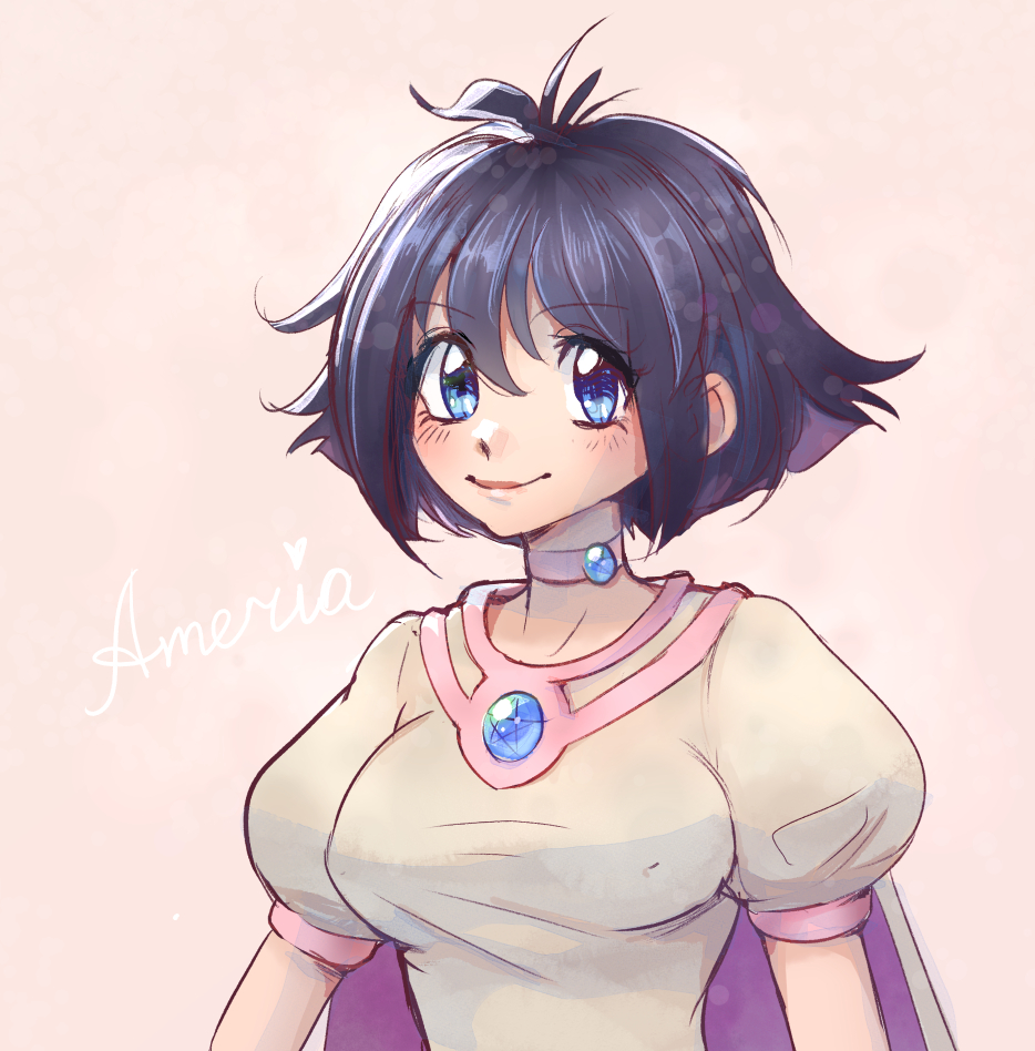 1girl amelia_wil_tesla_seyruun black_hair blue_eyes blush breasts brown_cape cape character_name choker hair_behind_ear heart impossible_clothes medium_breasts melissatea pink_background pink_choker portrait puffy_short_sleeves puffy_sleeves short_hair short_sleeves slayers smile solo star_(symbol) upper_body