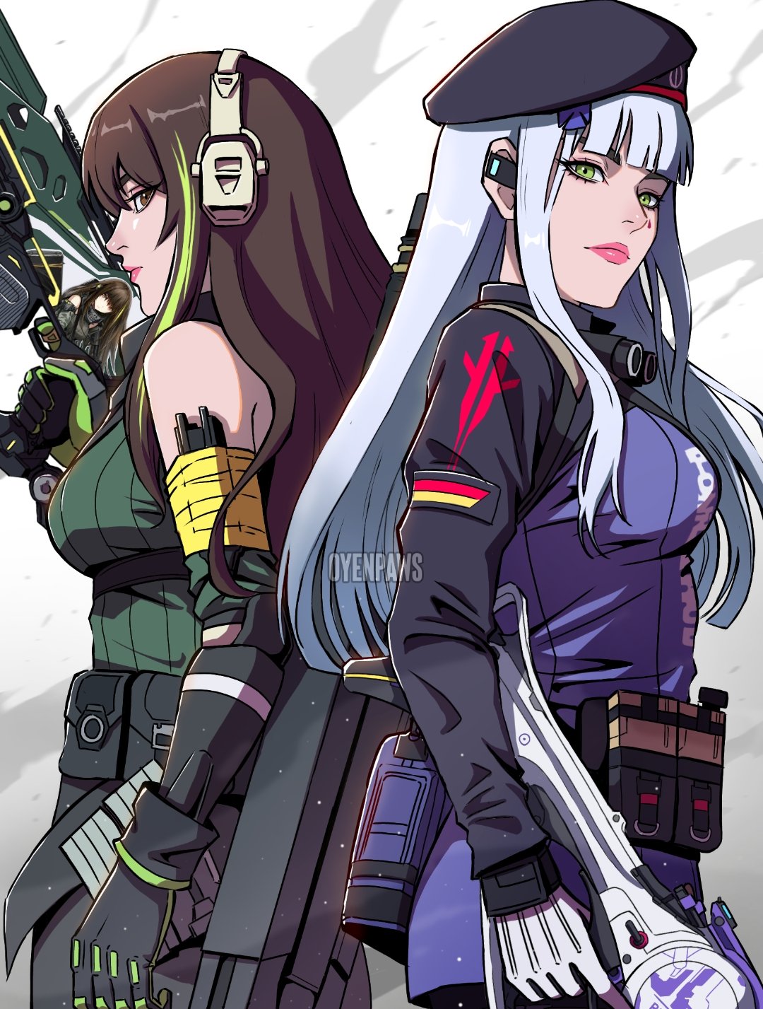2girls beret blunt_bangs brown_eyes brown_hair call_of_duty call_of_duty:_mobile case clothes_around_waist cosplay dusk_(call_of_duty:_mobile) facial_mark girls'_frontline gloves green_eyes green_hair grey_hair gun hair_ornament hat headphones highres hk416_(girls'_frontline) hk416_(girls'_frontline)_(cosplay) holding holding_weapon jacket jacket_around_waist kestrel_(call_of_duty:_mobile) long_hair long_sleeves looking_at_viewer m4a1_(girls'_frontline) m4a1_(girls'_frontline)_(cosplay) m4a1_(mod3)_(girls'_frontline) multicolored_hair multiple_girls oyenpaws particle_cannon_case rifle streaked_hair weapon