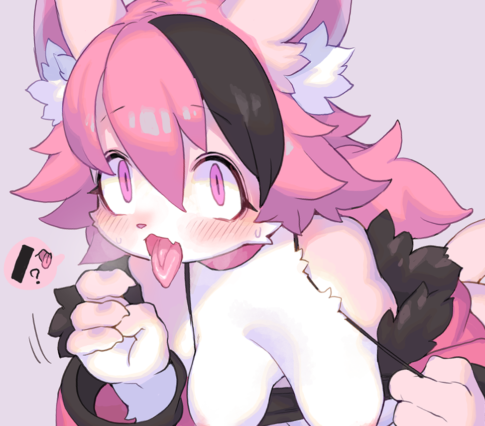 anthro big_breasts black_hair blush breasts clothing domestic_cat fangs felid feline felis fellatio_gesture female flashing flashing_breasts gesture hair handjob_gesture inner_ear_fluff jacket kemono mammal pink_hair purple_eyes rikose short_hair solo suggestive suggestive_gesture teeth topwear tuft