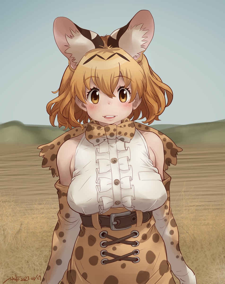 1girl alternate_form animal_ears blonde_hair blush bow bowtie breasts elbow_gloves extra_ears gloves highres kemono_friends large_breasts looking_at_viewer no_bra nyororiso_(muyaa) open_mouth print_bow print_bowtie savannah serval_(kemono_friends) serval_print shirt short_hair skirt sleeveless sleeveless_shirt smile