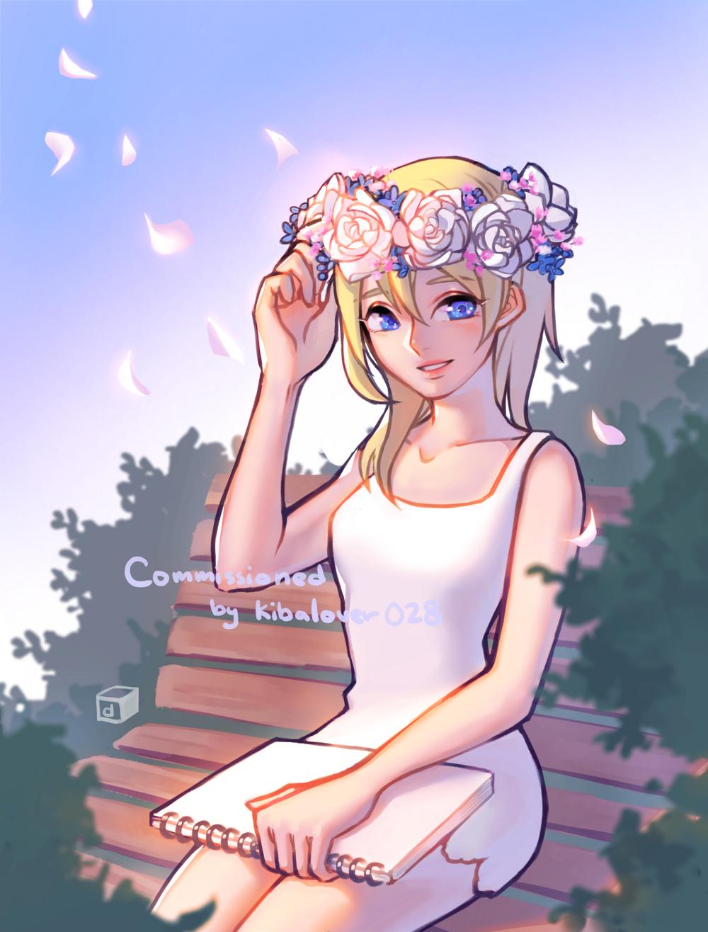 1girl bench blonde_hair blue_eyes breasts commission dddagneo dress falling_petals hair_between_eyes hair_over_shoulder head_wreath highres holding holding_notebook kingdom_hearts kingdom_hearts_ii light_blush looking_at_viewer medium_breasts medium_hair namine notebook outdoors parted_lips petals short_dress sitting sketchbook sleeveless sleeveless_dress smile solo white_dress