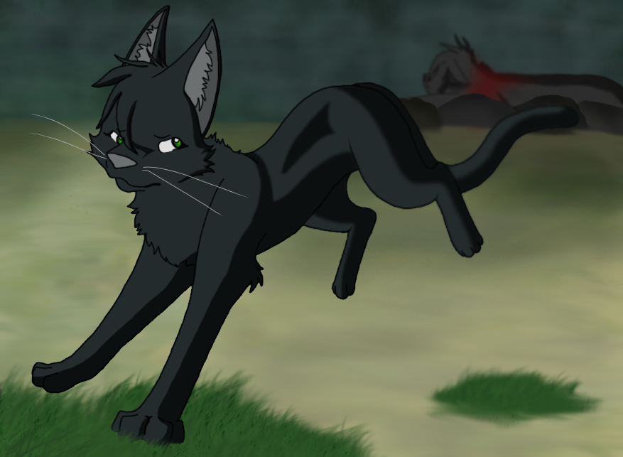 ambiguous_gender ashfur_(warriors) black_body black_fur blood bluekyokitty blurred_background bodily_fluids cel_shading corpse detailed_background digital_drawing_(artwork) digital_media_(artwork) digitigrade domestic_cat duo ears_down eyelashes felid feline felis female_(lore) feral fur grass green_eyes grey_body grey_fur grey_inner_ear grey_inner_ear_fluff head_tuft hollyleaf_(warriors) inner_ear_fluff male_(lore) mammal monotone_body monotone_fur night outside pivoted_ears plant rock running sebdoggo shaded tail tuft warriors_(cats) whiskers white_whiskers