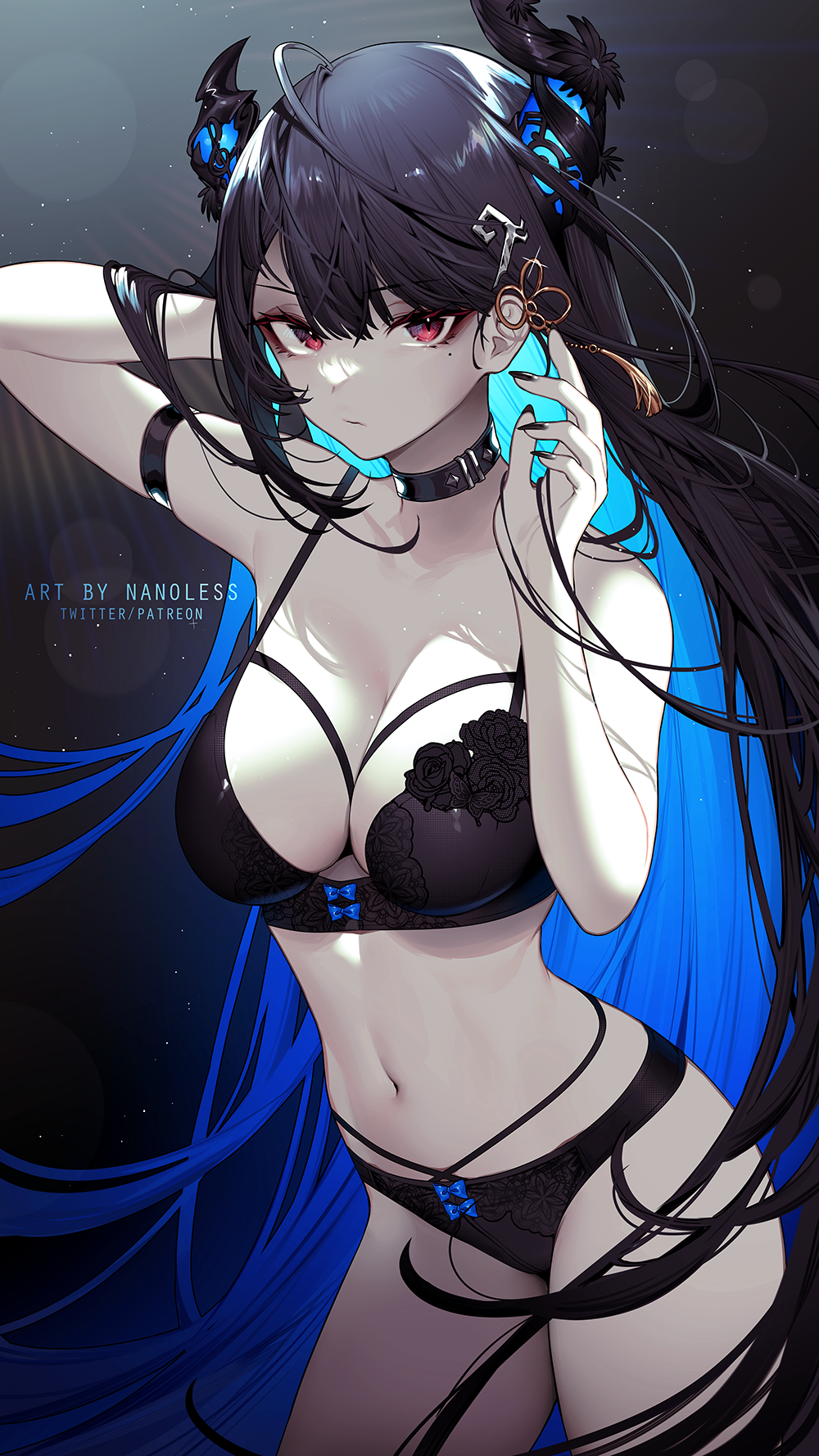 1girl arm_up black_bra black_choker black_hair black_nails black_panties blue_hair bra breasts choker cleavage closed_mouth demon_horns hand_up highres hololive hololive_english horns large_breasts long_hair mole mole_under_eye nanoless navel nerissa_ravencroft nude panties red_eyes solo stomach underwear underwear_only uneven_horns very_long_hair virtual_youtuber