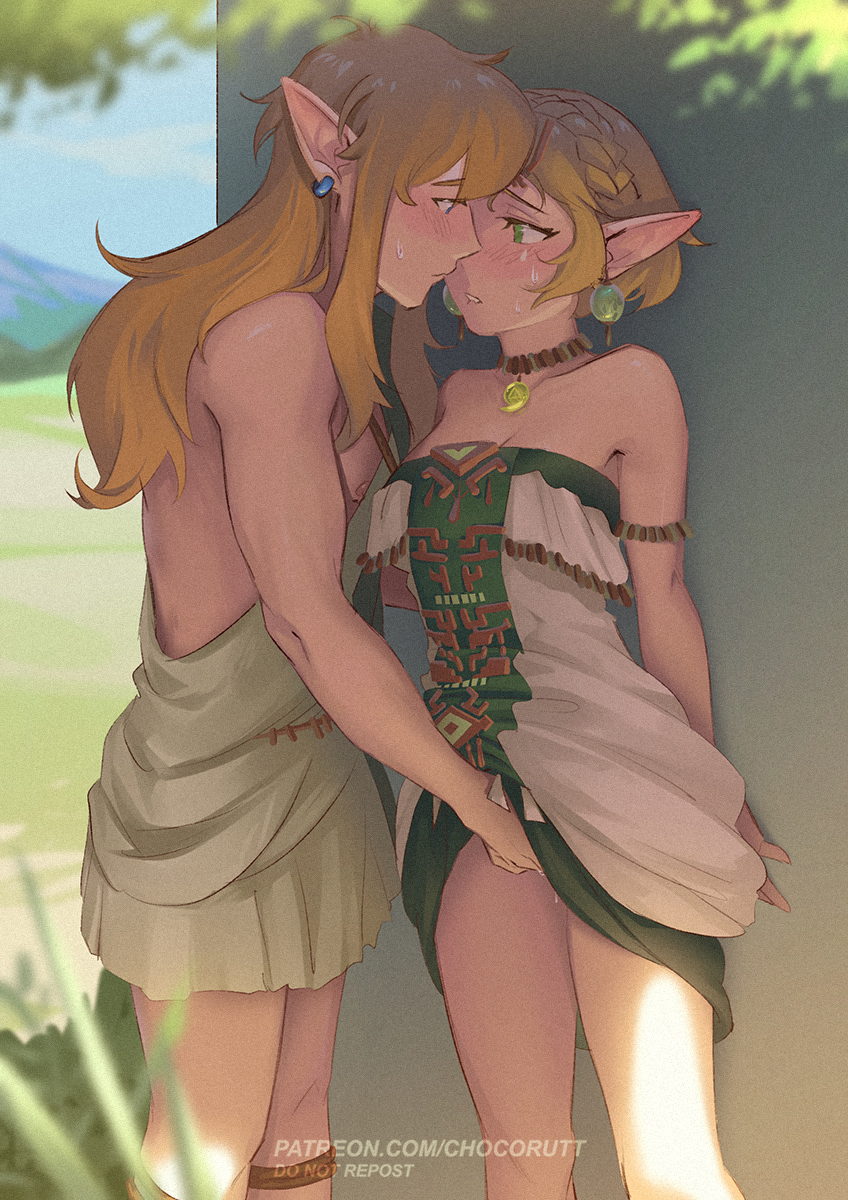 1boy 1girl against_wall archaic_set_(zelda) blonde_hair breasts chocorut cleavage clothes_lift dress dress_lift earrings eye_contact fingering hetero highres imminent_kiss jewelry link looking_at_another pointy_ears princess_zelda secret_stone short_hair the_legend_of_zelda the_legend_of_zelda:_tears_of_the_kingdom