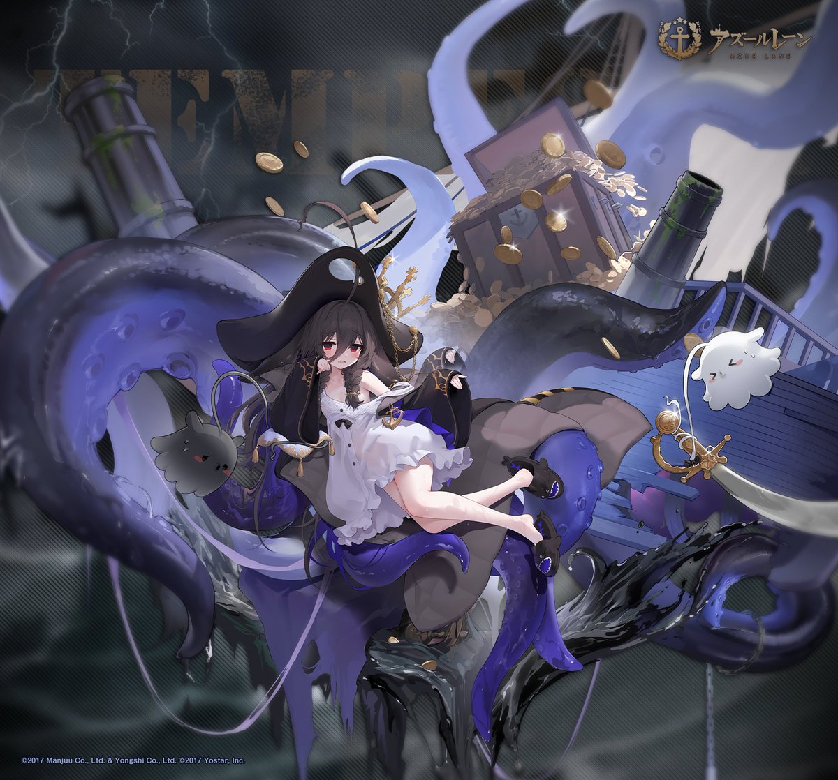 &gt;_&lt; 1girl ahoge artist_request azur_lane bare_legs black_coat black_footwear black_headwear blush braid breasts brown_hair cannon coat coin commentary_request copyright_name crate cross dress frilled_dress frills ghost gold hair_between_eyes hands_up hat jewelry ladder long_hair lying money off_shoulder official_art on_side open_mouth pirate pirate_hat promotional_art red_eyes rigging sailing_ship second-party_source shark_print ship shoes sleeveless sleeveless_dress sleeves_past_wrists small_breasts sword tentacles treasure_chest very_long_hair watercraft weapon white_dress whydah_(azur_lane)