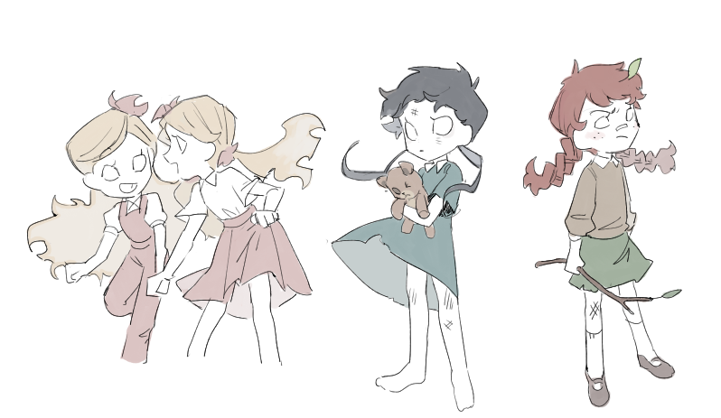 4girls abigail_(don't_starve) aged_down bandaid bandaid_on_face bandaid_on_nose bare_legs barefoot bernie_(don't_starve) blank_eyes braid brown_sweater child collared_dress collared_shirt don't_starve dress female_child floating_hair flower freckles frown full_body furrowed_brow green_skirt grin hair_flower hair_ornament holding holding_hands holding_stick holding_stuffed_toy injury jenny25424633 leaf leaf_on_head long_sleeves looking_at_viewer low_twintails miniskirt multiple_girls open_mouth overalls pink_flower pink_overalls pink_skirt pleated_skirt puffy_short_sleeves puffy_sleeves red_hair scratches shirt short_sleeves siblings simple_background sisters sketch skirt skirt_hold smile standing standing_on_one_leg stick stuffed_animal stuffed_toy sweater teddy_bear twin_braids twins twintails wendy_(don't_starve) white_background white_shirt wigfrid_(don't_starve) willow_(don't_starve)