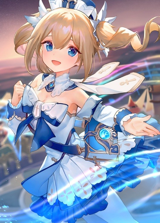 1girl ainy armpits barbara_(genshin_impact) bare_shoulders blonde_hair blue_bow blue_eyes blue_gemstone blue_headwear blurry blurry_background blush book bow breasts detached_collar detached_sleeves dress evening gem genshin_impact gradient_sky hair_between_eyes hair_ornament hands_up hat house long_hair long_sleeves looking_at_viewer medium_breasts open_mouth outdoors pantyhose pink_sky purple_sky sky smile solo standing town twintails two-tone_bow vision_(genshin_impact) white_dress white_headwear white_pantyhose