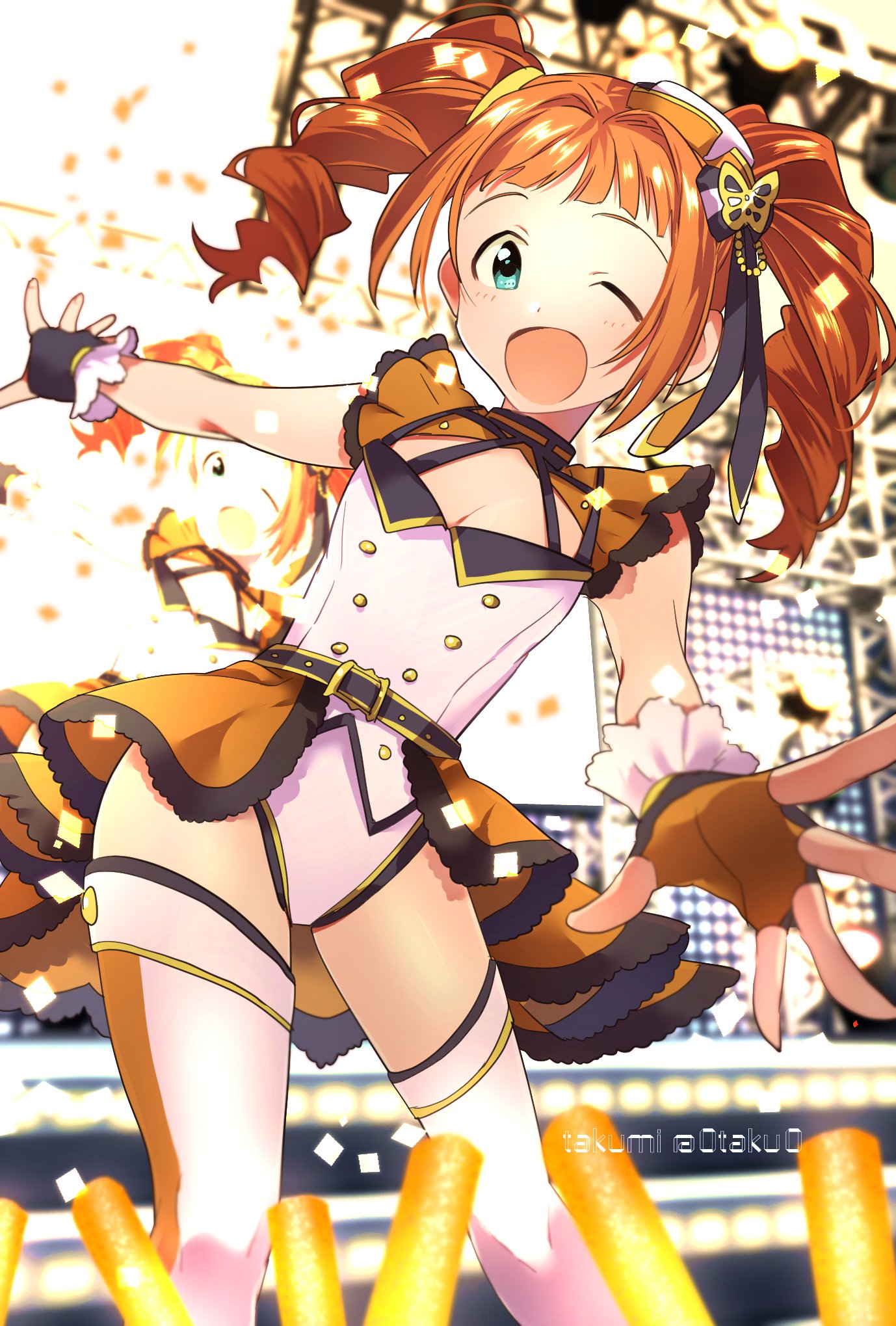 1girl ;d artist_name bare_shoulders belt black_belt black_ribbon blush bodysuit bow breasts brown_hair butterfly_hair_ornament cleavage confetti cowboy_shot dot_nose fingerless_gloves gloves glowstick green_eyes hair_bow hair_ornament hair_ribbon hat highres idolmaster idolmaster_(classic) idolmaster_million_live! idolmaster_million_live!_theater_days long_hair looking_at_viewer mini_hat one_eye_closed open_mouth orange_skirt outstretched_arms overskirt ribbon screen skirt sleeveless sleeveless_bodysuit small_breasts smile solo stage stage_lights takatsuki_yayoi takumi_(scya) thighhighs twintails two-tone_gloves white_bodysuit white_thighhighs yellow_bow