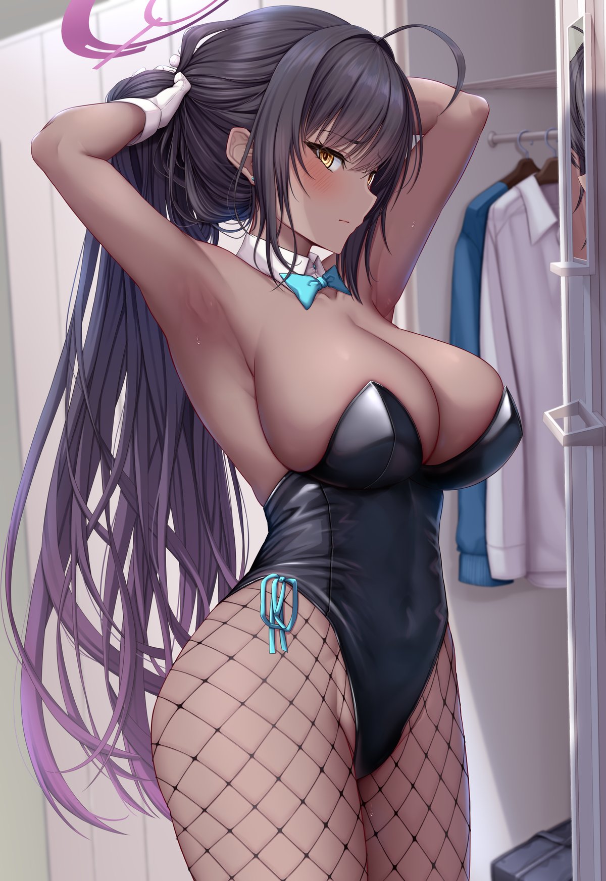 1girl ahoge armpits arms_behind_head black_hair black_leotard blue_archive blue_bow blue_bowtie blush bow bowtie breasts cleavage closed_mouth closet commentary_request cowboy_shot dark-skinned_female dark_skin detached_collar fishnet_pantyhose fishnets from_side furrowed_brow gloves gradient_hair halo highleg highleg_leotard highres huge_breasts indoors karin_(blue_archive) karin_(bunny)_(blue_archive) leotard long_hair looking_at_viewer melopun mirror multicolored_hair official_alternate_costume pantyhose playboy_bunny profile purple_hair purple_halo sideways_glance solo strapless strapless_leotard traditional_bowtie two-tone_hair tying_hair white_gloves yellow_eyes