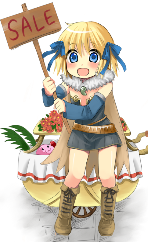 1girl :3 :d alchemist_(ragnarok_online) belt blonde_hair blue_bow blue_eyes blue_sleeves blush boots bow brown_belt brown_cape brown_footwear cape commentary_request cross-laced_footwear detached_sleeves dress flat_chest flower full_body fur_collar grey_dress hair_between_eyes hair_bow holding holding_sign jewelry looking_at_viewer magatama magatama_necklace medium_bangs necklace open_mouth poring pullcart ragnarok_online red_flower short_dress short_hair sign slime_(creature) smile standing strapless strapless_dress uzuki_kouta