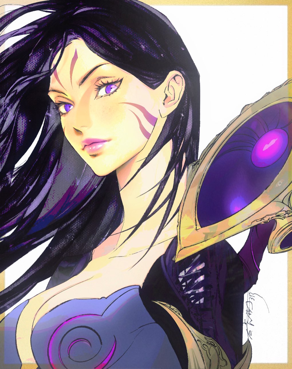 1girl bodysuit border breasts cleavage closed_mouth collarbone detached_wings eyelashes facial_mark facial_tattoo floating_hair forehead_mark highres jian_tai_(cuoyu0) kai'sa large_breasts league_of_legends long_hair looking_at_viewer orange_border purple_bodysuit purple_eyes purple_hair purple_lips scar scar_on_face signature simple_background smile solo tattoo upper_body whisker_markings white_background wings
