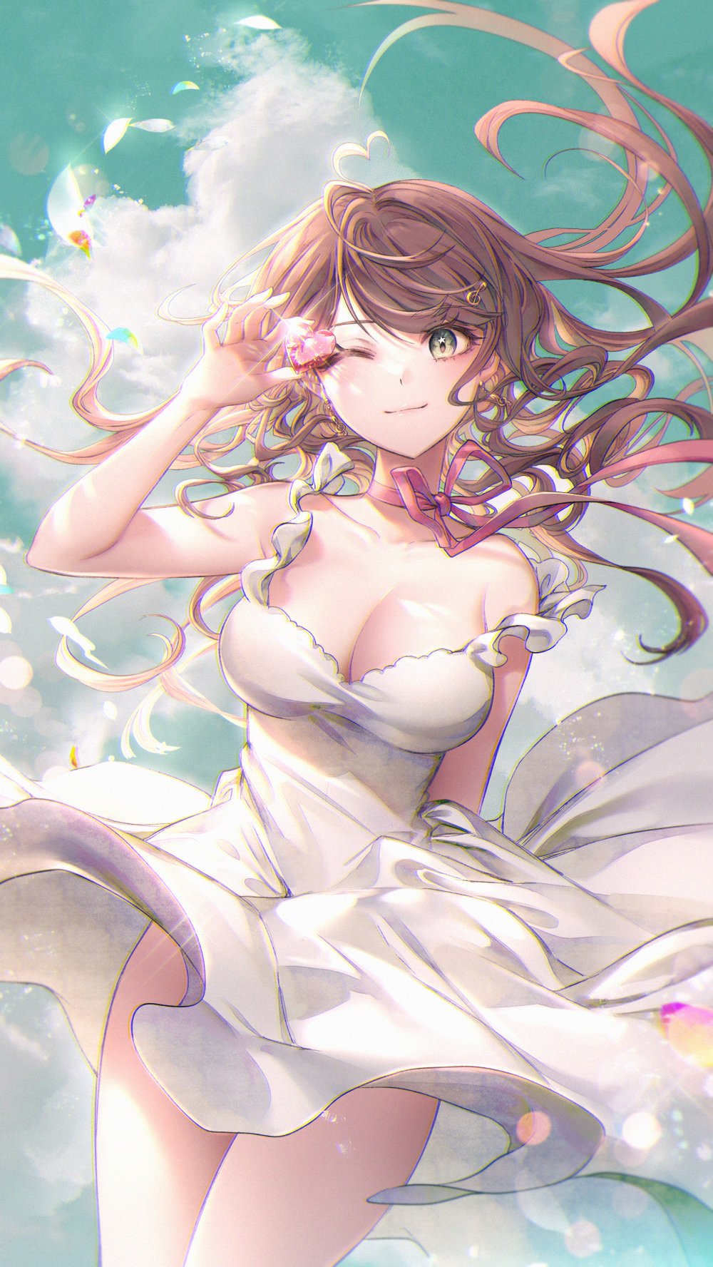 1girl arm_up bare_arms bare_shoulders breasts brown_hair choker cleavage closed_mouth cowboy_shot dress floating_hair gem green_eyes highres holding large_breasts long_hair looking_at_viewer miori_celesta one_eye_closed ozzingo red_choker red_gemstone ribbon_choker sleeveless sleeveless_dress smile solo standing sundress thighs tsunderia virtual_youtuber white_dress