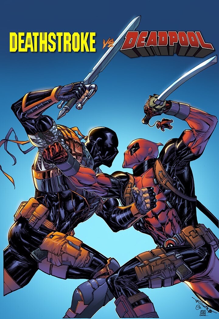 2boys artist_request bodysuit crossover dc_comics deadpool deathstroke english_text gloves gradient_background holding katana male_focus marvel mask multiple_boys red_bodysuit sword teen_titans two-tone_bodysuit vs weapon western_comics_(style)