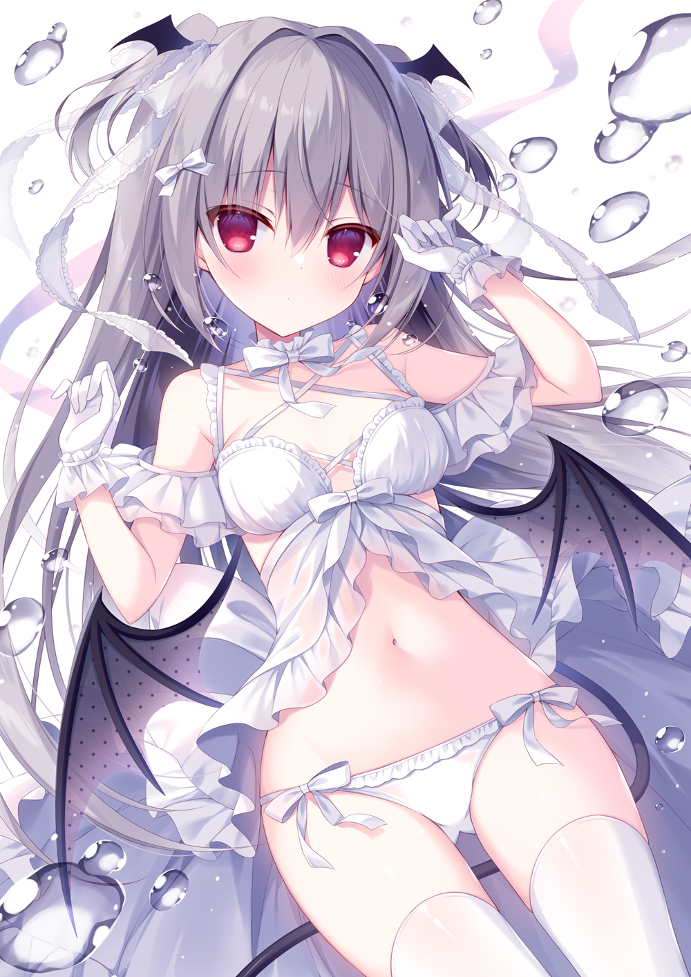1girl bare_shoulders bikini black_wings bow breasts comiket_102 commentary_request demon_girl demon_tail demon_wings frilled_bikini frills gloves grey_hair grey_wings hair_between_eyes hair_bow hair_intakes hands_up hasune head_wings highres navel original red_eyes small_breasts solo swimsuit tail thighhighs two_side_up water_drop white_background white_bikini white_bow white_gloves white_thighhighs wings