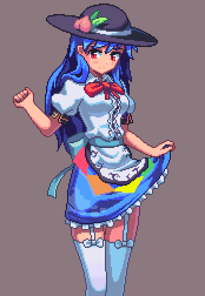 1girl adapted_costume black_headwear blue_hair blue_skirt blush bow brown_background center_frills clenched_hand commentary cowboy_shot frilled_skirt frills garter_straps hair_over_shoulder hand_up hat hinanawi_tenshi long_hair looking_at_viewer miniskirt peach_hat_ornament pixel_art potemki11 puffy_short_sleeves puffy_sleeves red_bow red_eyes shirt short_sleeves simple_background skirt skirt_hold solo standing thighhighs touhou white_bow white_shirt white_thighhighs zettai_ryouiki