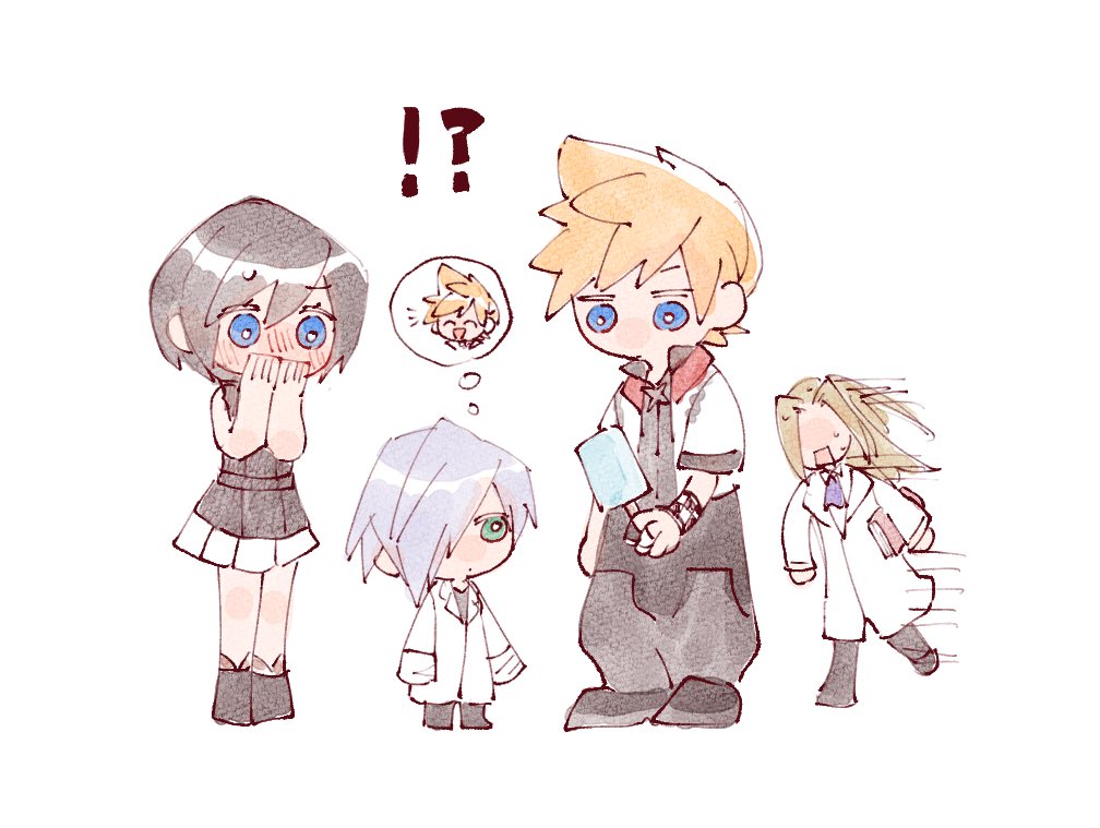 !? 1girl 3boys ascot baggy_pants belt black_collar black_footwear black_hair black_pants black_shirt blonde_hair blue_eyes blue_hair blush book bracelet chibi child closed_mouth collar collared_shirt covering_mouth cropped_jacket dot_mouth even_(kingdom_hearts) expressionless food green_eyes high_collar holding holding_book ice_cream ienzo jacket jewelry kingdom_hearts kingdom_hearts_iii lab_coat light_blue_hair long_bangs long_hair long_sleeves messy_hair multiple_boys nitoya_00630a no_nose pants parted_bangs purple_ascot ring roxas running shirt shoes short_hair skirt sleeveless smile spiked_hair sweatdrop thought_bubble ventus_(kingdom_hearts) very_long_sleeves vexen watercolor_effect white_background white_jacket white_shirt white_skirt xion_(kingdom_hearts) zexion