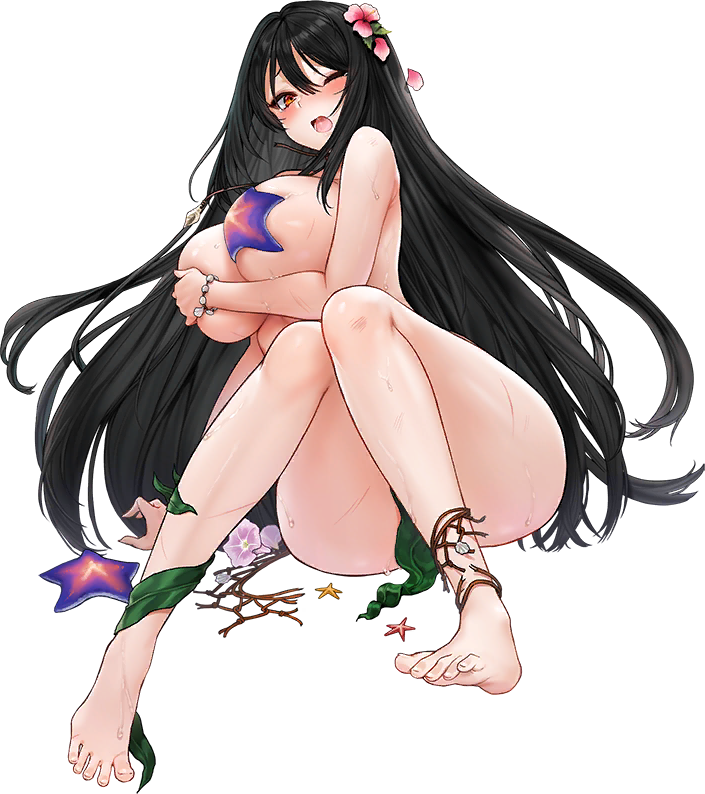05565 1girl amphitrite_(last_origin) anklet barefoot bikini bikini_bottom_aside black_hair blush bracelet breasts broken_necklace clothing_aside covering_nipples crumbling defeat falling_petals flower full_body hair_between_eyes hair_flower hair_ornament injury jewelry kelp knees_together_feet_apart large_breasts last_origin leaf_bracelet long_hair looking_at_viewer necklace net official_alternate_costume official_art one_eye_closed open_mouth petals pink_flower red_eyes saliva seaweed shell_necklace simple_background sitting skindentation solo starfish_bikini suggestive_fluid sweat swimsuit tachi-e tearing_up third-party_source torn_bikini transparent_background underboob