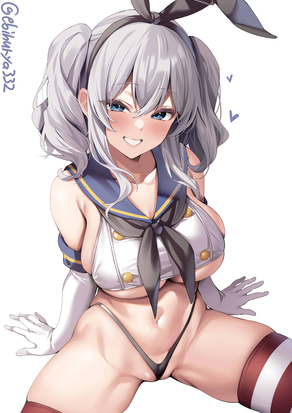 1girl bare_shoulders black_hairband black_neckerchief black_panties blue_eyes blue_sailor_collar blush breasts cosplay crop_top ebifurya elbow_gloves gloves grey_hair hairband highleg highleg_panties highres kantai_collection kashima_(kancolle) large_breasts long_hair looking_at_viewer micro_panties navel neckerchief panties partially_visible_vulva pussy pussy_peek sailor_collar shimakaze_(kancolle) shimakaze_(kancolle)_(cosplay) smile solo spread_legs striped striped_thighhighs thighhighs twintails twitter_username underwear white_gloves