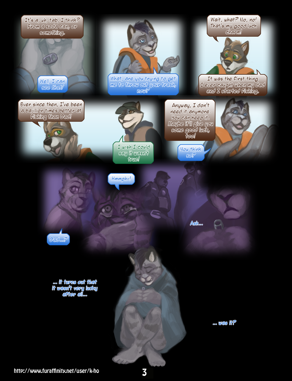 anthro asher_(k-ho) black_border blue_eyes bodily_fluids border brown_body brown_fur can_tab canid canine canis clothed clothing comic crying dialogue domestic_cat duo english_text eyes_closed felid feline felis flashback fully_clothed fur green_eyes grey_body grey_fur group hat headgear headwear hi_res holding_object k-ho male mammal multicolored_body multicolored_fur open_mouth pink_tongue police_officer police_uniform sitting smile solo striped_body striped_fur stripes tears text tongue topwear trio troy_(k-ho) two_tone_body two_tone_fur uniform vest white_body white_fur wolf yellow_eyes young