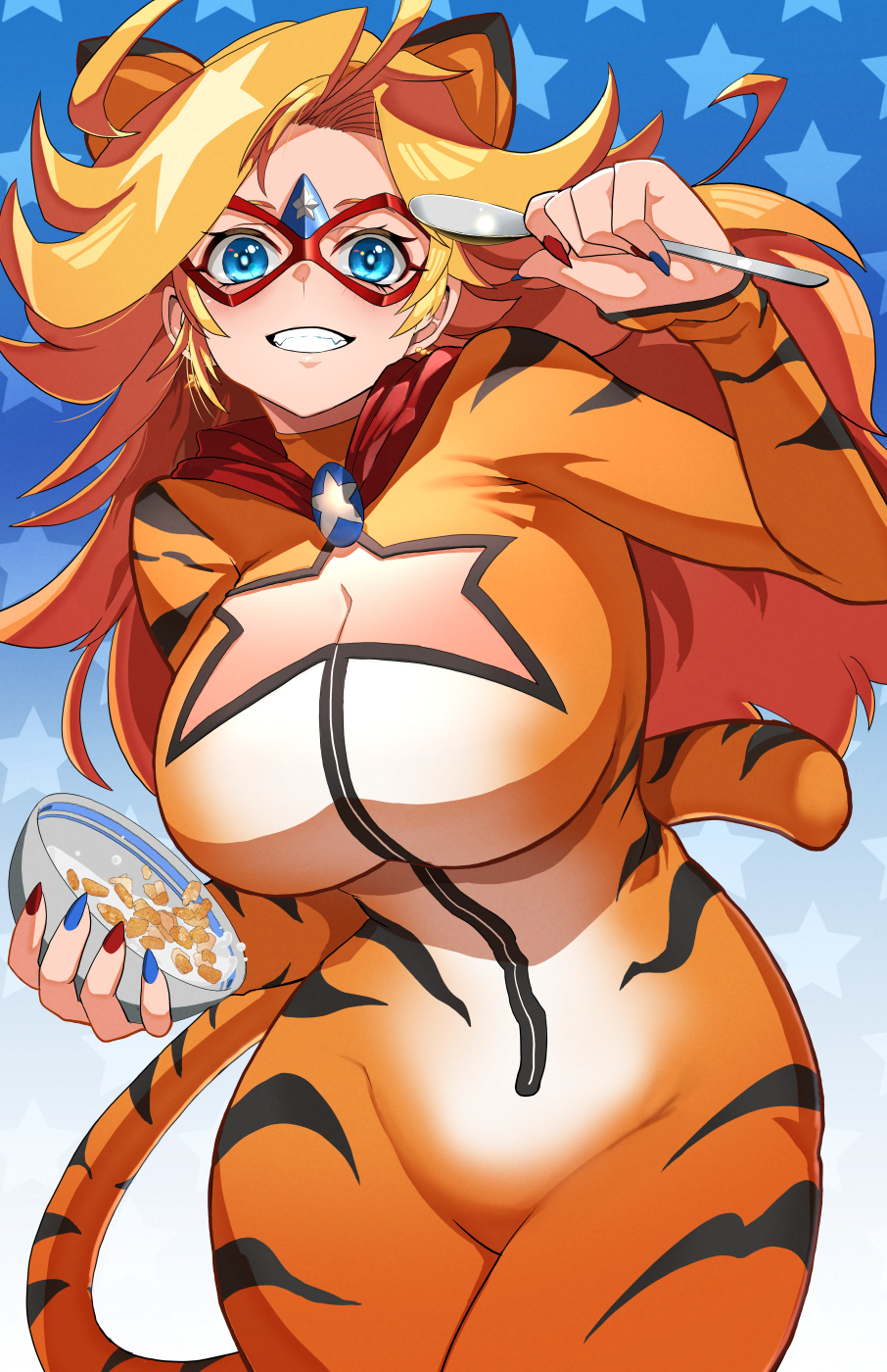 1girl ahoge animal_costume animal_print blonde_hair blue_eyes blue_nails bowl breasts cereal cleavage cleavage_cutout clothing_cutout fujioka_yatsufusa grin highres holding holding_bowl holding_spoon kamen_america kamen_america_(comic) large_breasts long_hair long_sleeves looking_at_viewer milk multicolored_nails parted_lips red_nails smile solo spoon teeth tiger_costume tiger_print