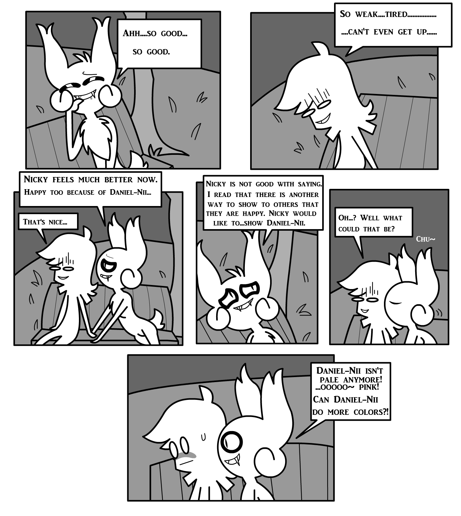 ambiguous_gender anthro bat bench blush bodily_fluids border comic daniel_toke dialogue duo english_text eyes_closed fangs grass greyscale happy hi_res human iconography kissing kissing_cheek kissing_sound_effect looking_at_another looking_away male male/ambiguous mammal monochrome motion_lines narrowed_eyes nicky_(abfmh) on_bench overbite plant scut_tail shane_frost short_tail sitting smile sound_effects speech_bubble sweat sweatdrop tail teeth text tree white_border