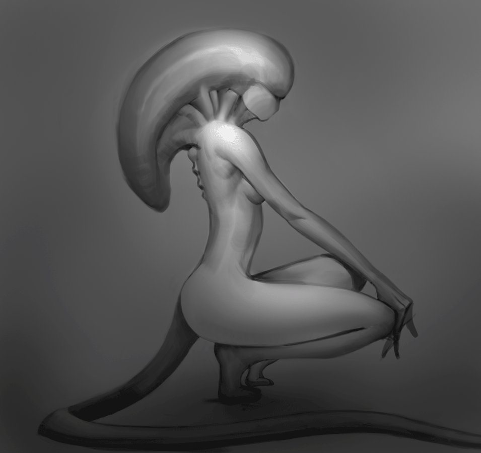 2019 alien alien_(franchise) alien_humanoid big_head breasts convenient_censorship crouching featureless_face featureless_feet female fingers full-length_portrait grey_background greyscale humanoid long_tail medium_breasts monochrome not_furry nude plantigrade portrait shaded side_view simple_background slim solo tail tiptoes towerpractice xenomorph