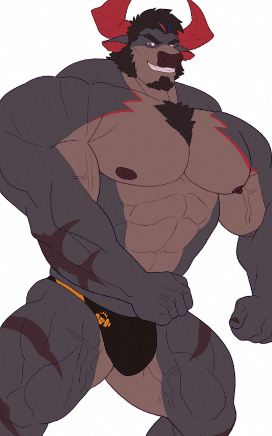 abs anthro biceps black_body black_fur bovid bovine bulge cattle clothing eyebrows facial_hair fur grin horn kusunagi lifewonders live_a_hero male mammal muscular muscular_anthro muscular_male nipples obsidius pecs smile solo speedo swimwear thick_eyebrows vein veiny_muscles