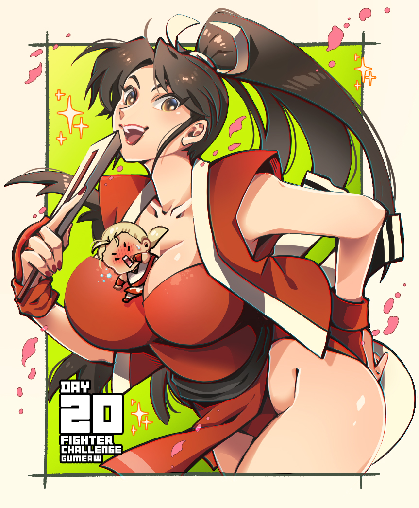 1girl andy_bogard bare_shoulders blush breasts brown_eyes brown_hair chibi cleavage fatal_fury folded_fan folding_fan gumeaw hand_fan high_ponytail holding holding_fan japanese_clothes large_breasts long_hair ninja pelvic_curtain ponytail revealing_clothes rope shiranui_mai simple_background snk the_king_of_fighters thighs