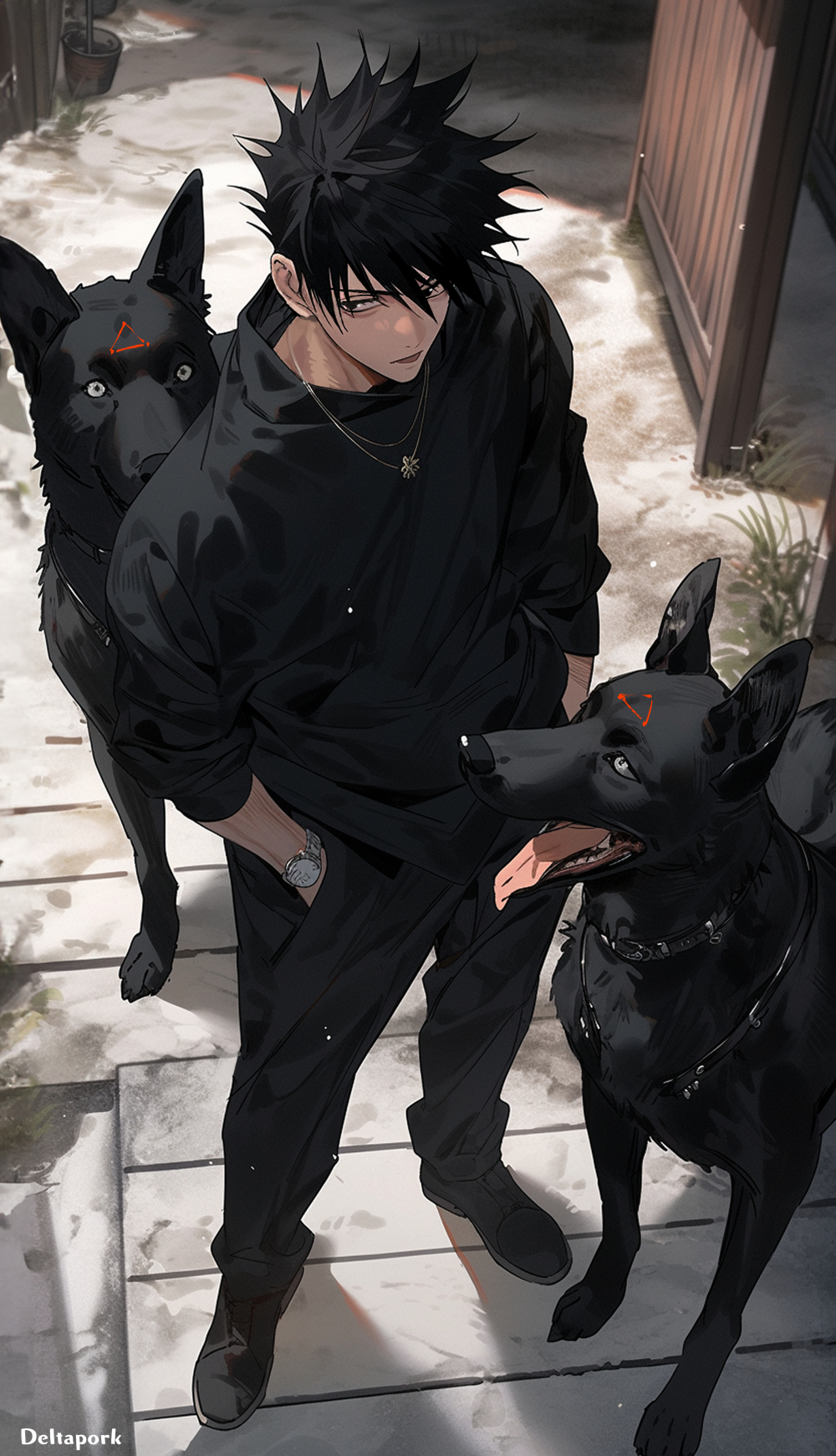 1boy ai-assisted animal black_dog black_eyes black_footwear black_hair black_jacket black_pants deltapork dog from_above full_body fushiguro_megumi hands_in_pockets highres jacket jewelry jujutsu_kaisen long_sleeves looking_to_the_side male_focus necklace pants shikigami short_hair solo standing tongue tongue_out triangle watch wooden_floor wristwatch