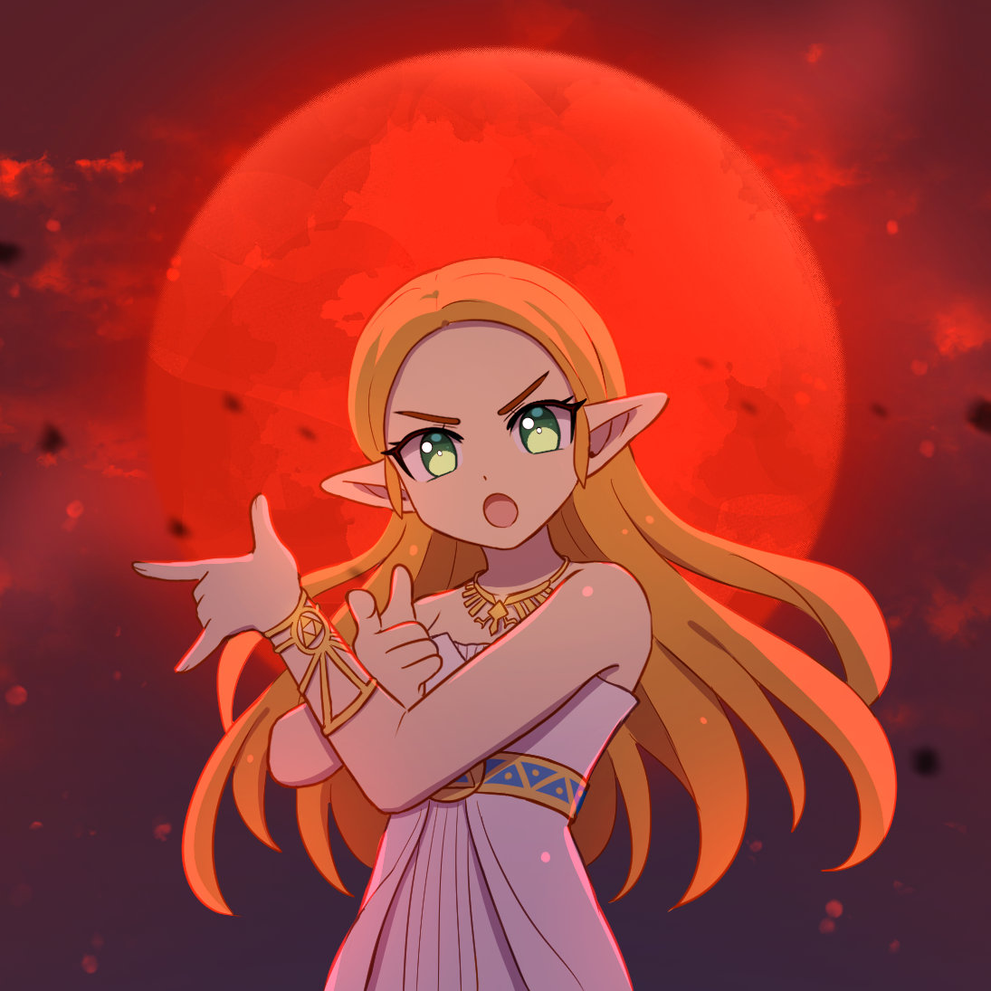 1girl bare_shoulders bishoujo_senshi_sailor_moon blonde_hair bracelet dress enni full_moon green_eyes jewelry long_hair moon necklace open_mouth parted_bangs pointy_ears princess_zelda red_moon red_theme shoulder_guard solo solo_focus strapless strapless_dress the_legend_of_zelda the_legend_of_zelda:_breath_of_the_wild tsuki_ni_kawatte_oshioki_yo w white_dress