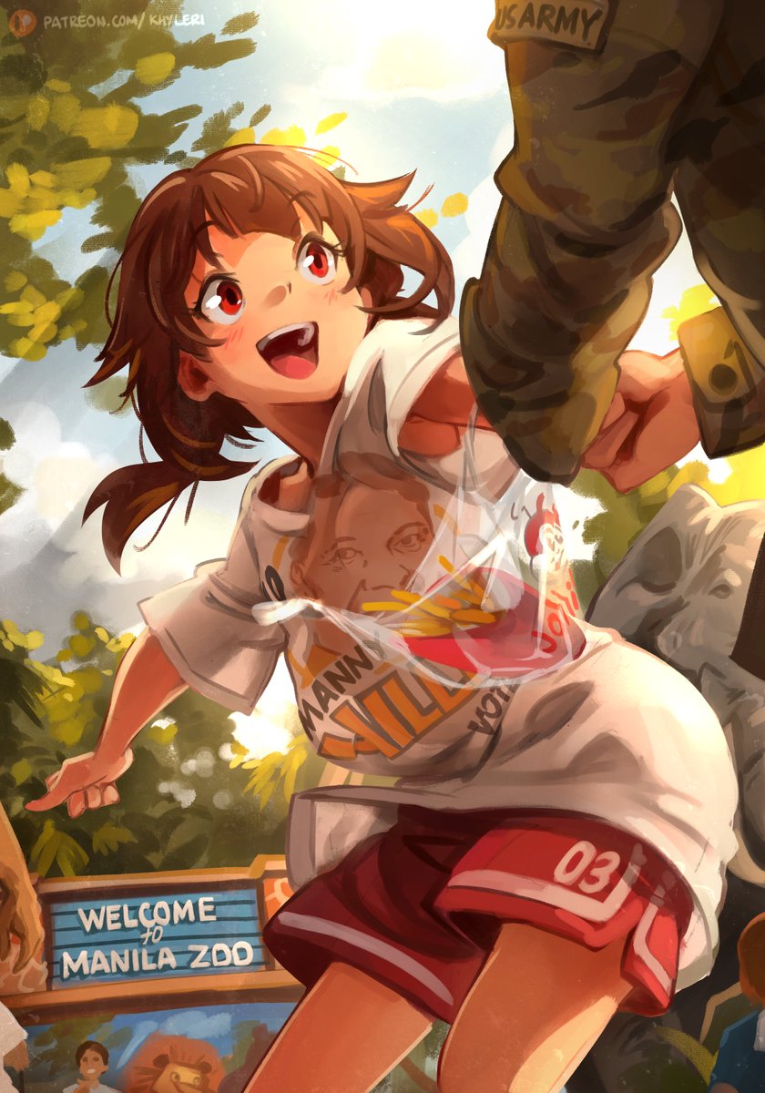 1girl army black_hair blue_sky character_request cloud cloudy_sky copyright_request elephant food french_fries highres khyle. long_hair open_mouth print_shirt red_eyes red_shorts shirt short_sleeves shorts sign sky smile tree web_address zoo