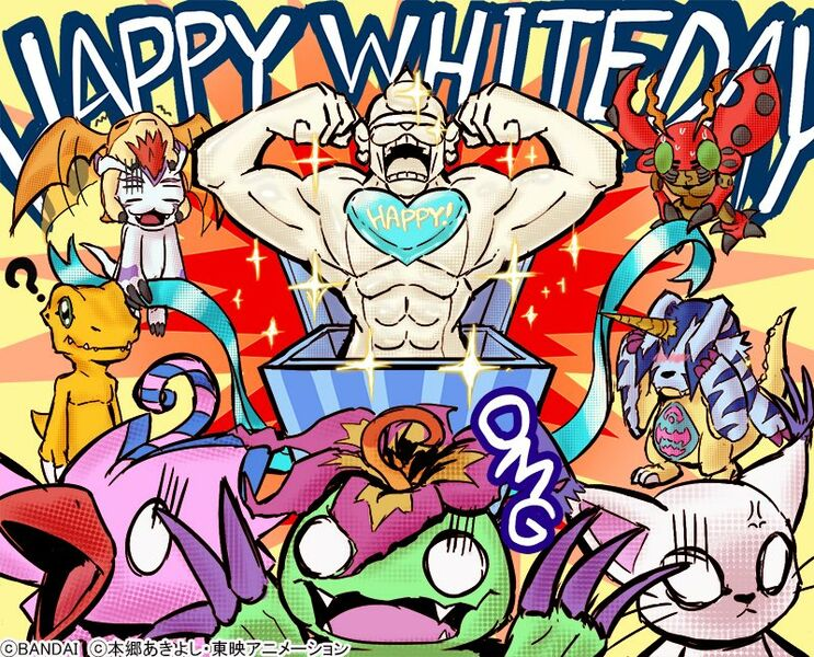 abs agumon anthro bandai_namco biyomon blush candy chocolate dessert digimon digimon_(species) embarrassed english_text etemon female feral flexing food gabumon gatomon gomamon group humor male muscular muscular_anthro muscular_male official_art patamon pecs screaming shocked_expression tentomon text white_chocolate white_day