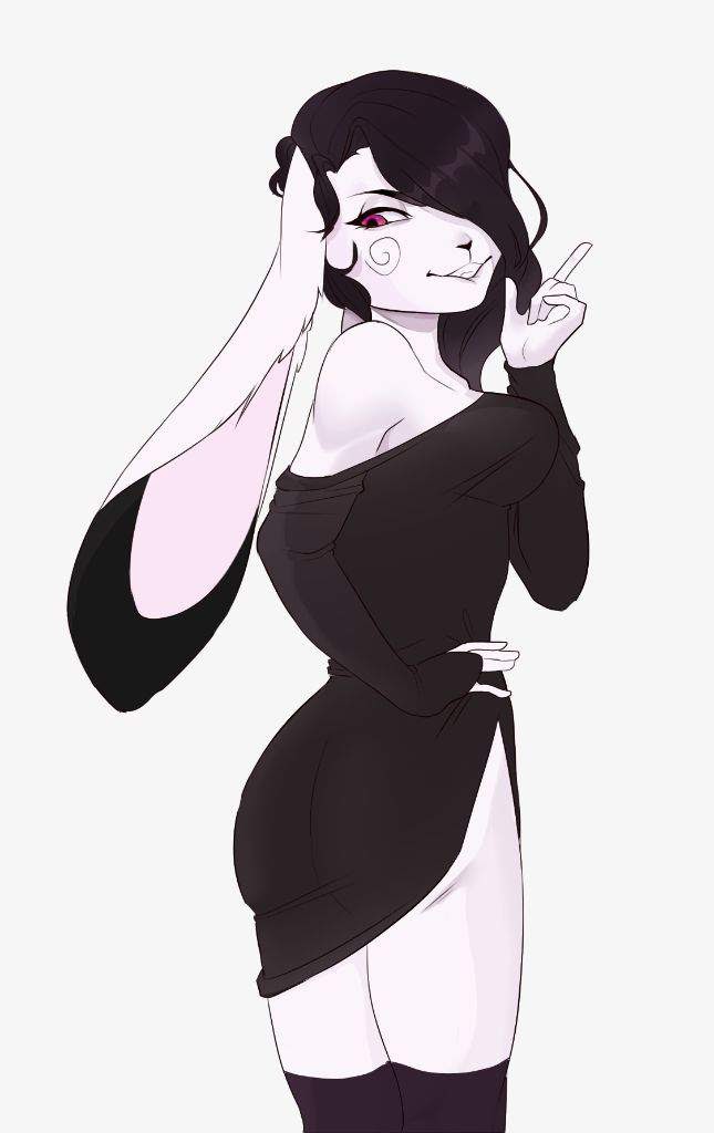 anthro black_clothing black_dress black_hair black_legwear black_stockings breasts cheek_markings clothing dress ear_markings facial_markings female fluffyluvy fur hair hair_over_eye head_markings jade_bunny lagomorph legwear leporid long_ears looking_back mammal markings one_eye_obstructed rabbit red_eyes simple_background solo stockings swirl_pattern valdroxx_studios white_background white_body white_fur