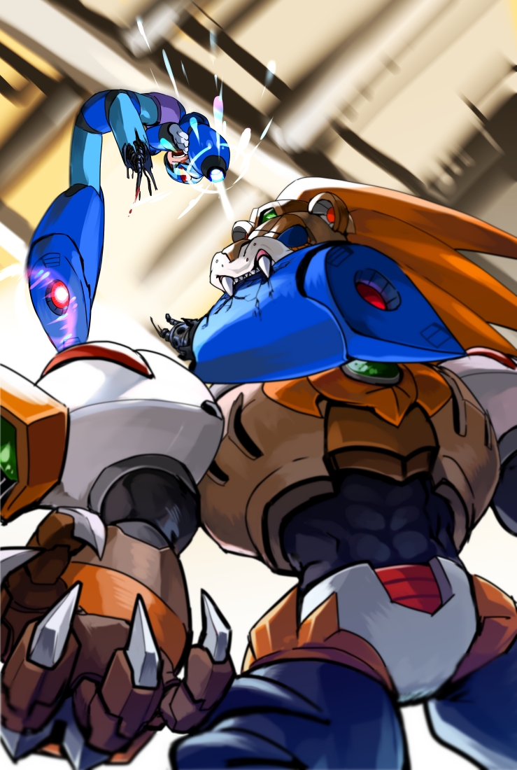 android arm_cannon claws commentary_request fangs green_eyes helmet looking_up male_focus mega_man_(series) mega_man_x4 mega_man_x_(series) missing_limb slash_beast_(mega_man) weapon x_(mega_man) yuriyuri_(ccc)