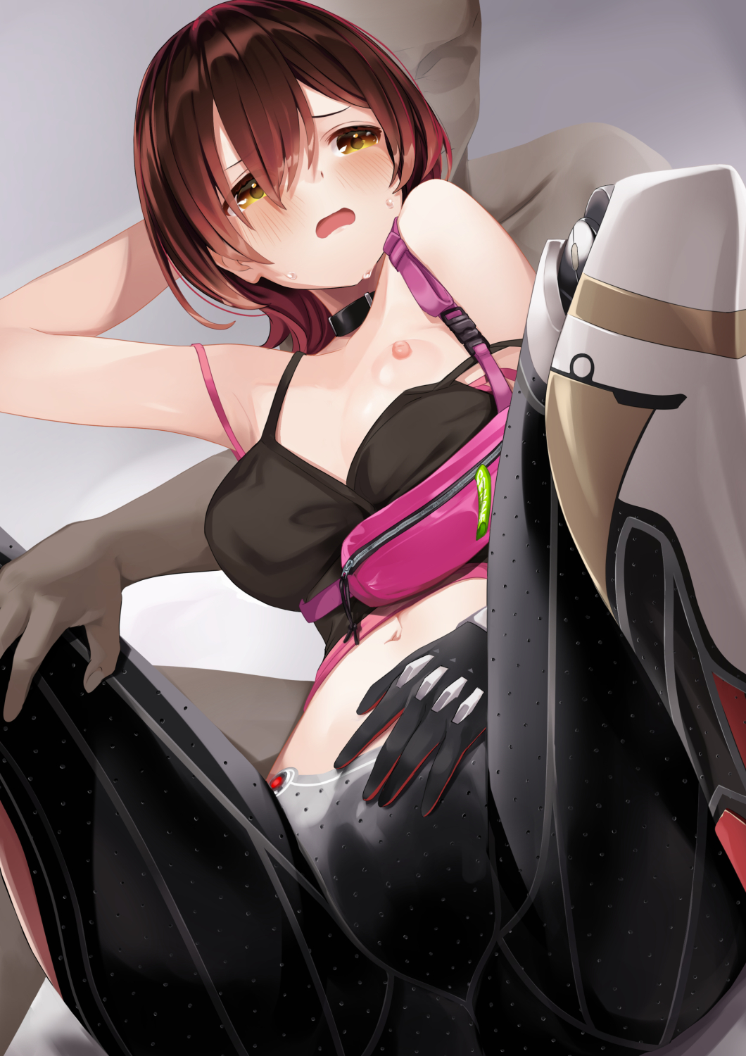 1boy 1girl areola_slip arou_(arrow_x666) black_gloves blush bra bra_pull breasts brown_hair camisole clothes_lift clothes_pull dark-skinned_male dark_skin embarrassed faceless faceless_male feet_out_of_frame frown furrowed_brow gloves gradient_background gradient_hair grey_background hair_between_eyes hetero highres hololive mechanical_legs mechanical_parts medium_breasts multicolored_hair nipples one_breast_out open_mouth orange_eyes pink_camisole red_hair roboco-san shirt_lift short_hair simple_background sitting solo_focus spread_legs strap_slip sweatdrop two-tone_hair underwear virtual_youtuber