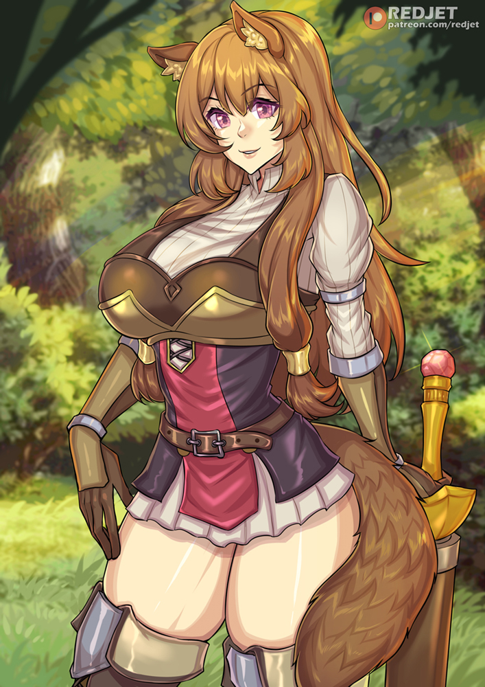 2022 absolute_territory animal_humanoid bottomwear breasts brown_hair canid canid_humanoid canine canine_humanoid clothed clothing female hair humanoid mammal mammal_humanoid melee_weapon raphtalia redjet00 skirt solo sword tanuki_humanoid the_rising_of_the_shield_hero weapon