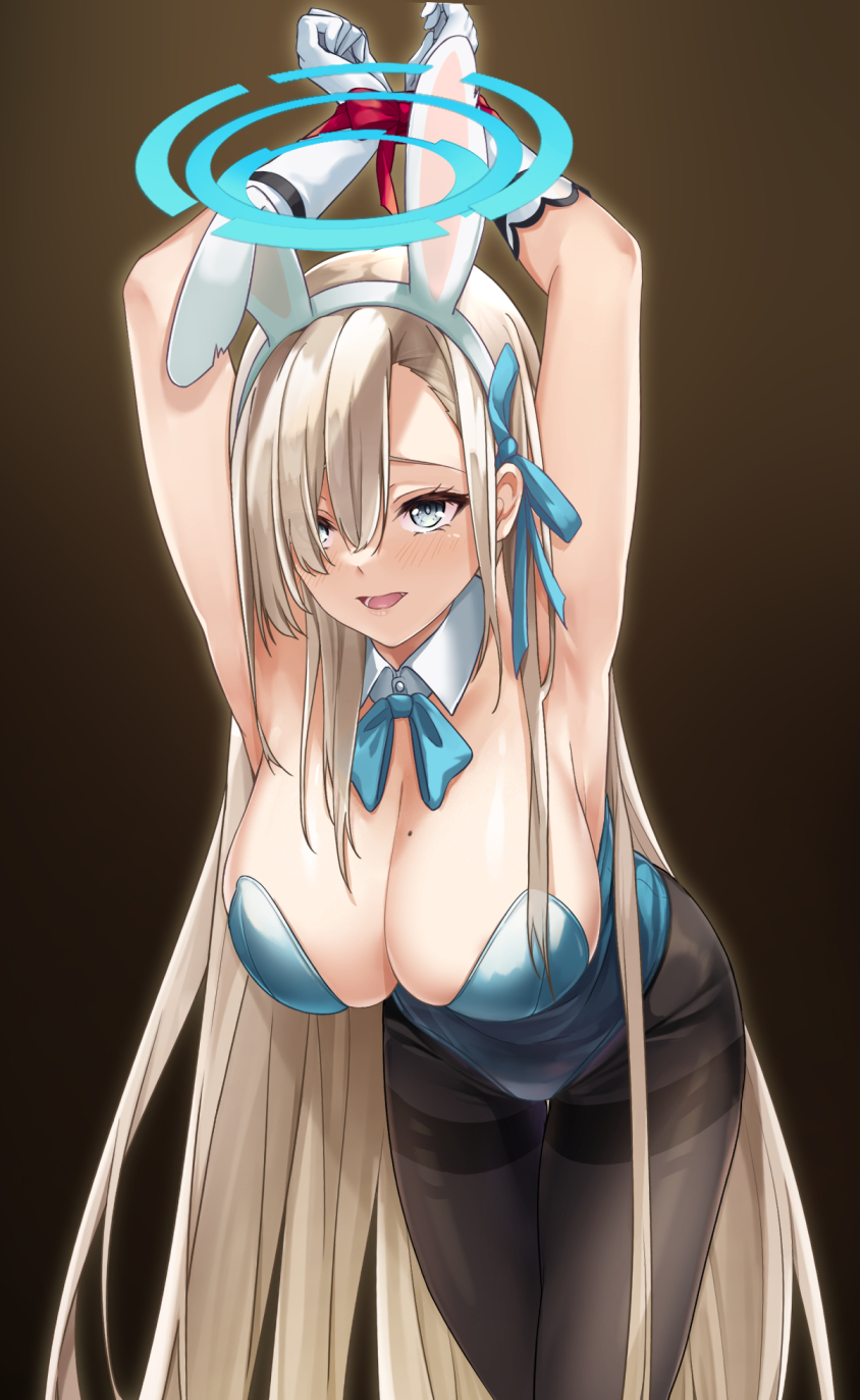 1girl animal_ears armpits arms_up asuna_(blue_archive) asuna_(bunny)_(blue_archive) black_background blonde_hair blue_archive blue_bow blue_bowtie blue_eyes blue_halo blue_leotard blue_ribbon bow bowtie breasts brown_pantyhose cleavage damow_(myway83522) detached_collar fake_animal_ears gradient_background hair_over_one_eye hair_ribbon halo highres large_breasts leotard long_hair mole mole_on_breast official_alternate_costume open_mouth pantyhose playboy_bunny rabbit_ears restrained ribbon solo standing very_long_hair