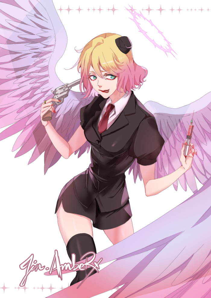 1girl :q angel_wings aqua_eyes artist_name black_headwear black_jacket black_skirt black_thighhighs blonde_hair bob_cut breasts cathy_(satsuriku_no_tenshi) collared_shirt feet_out_of_frame finger_on_trigger garrison_cap gradient_hair gun gun_to_head hair_between_eyes halo hat holding holding_gun holding_syringe holding_weapon jacket jewelry jin_amber lipstick looking_at_viewer makeup medium_breasts mini_hat miniskirt multicolored_hair necktie pencil_skirt pink_hair pink_nails puffy_short_sleeves puffy_sleeves red_eyeliner red_lips red_necktie revolver ring satsuriku_no_tenshi shirt short_hair short_sleeves simple_background skirt solo sparkle_background standing syringe thighhighs tilted_headwear tongue tongue_out two-tone_hair weapon white_background white_shirt white_wings wings