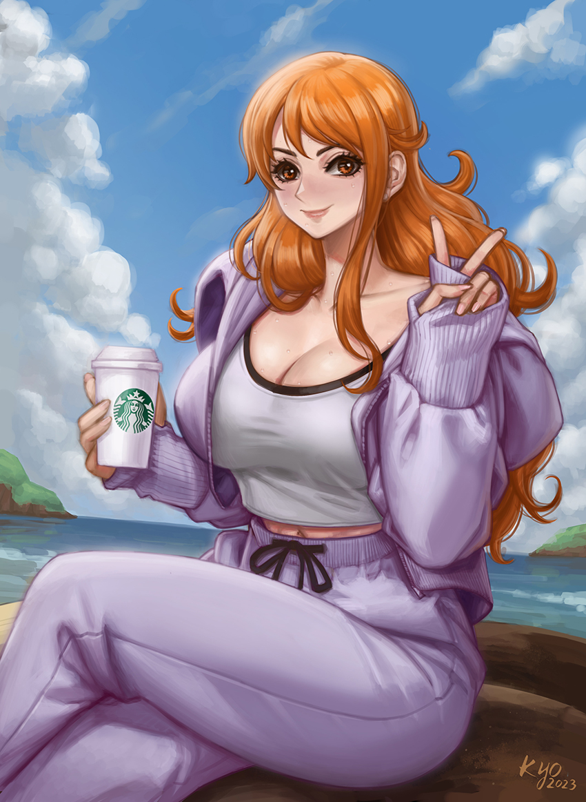 1girl blue_sky breasts brown_eyes cleavage closed_mouth cloud collarbone crossed_legs cup day disposable_cup drawstring holding holding_cup jacket kyopink large_breasts lips long_hair looking_at_viewer midriff_peek nami_(one_piece) ocean one_piece orange_hair outdoors pants purple_jacket purple_pants sitting sky smile solo starbucks v very_long_hair