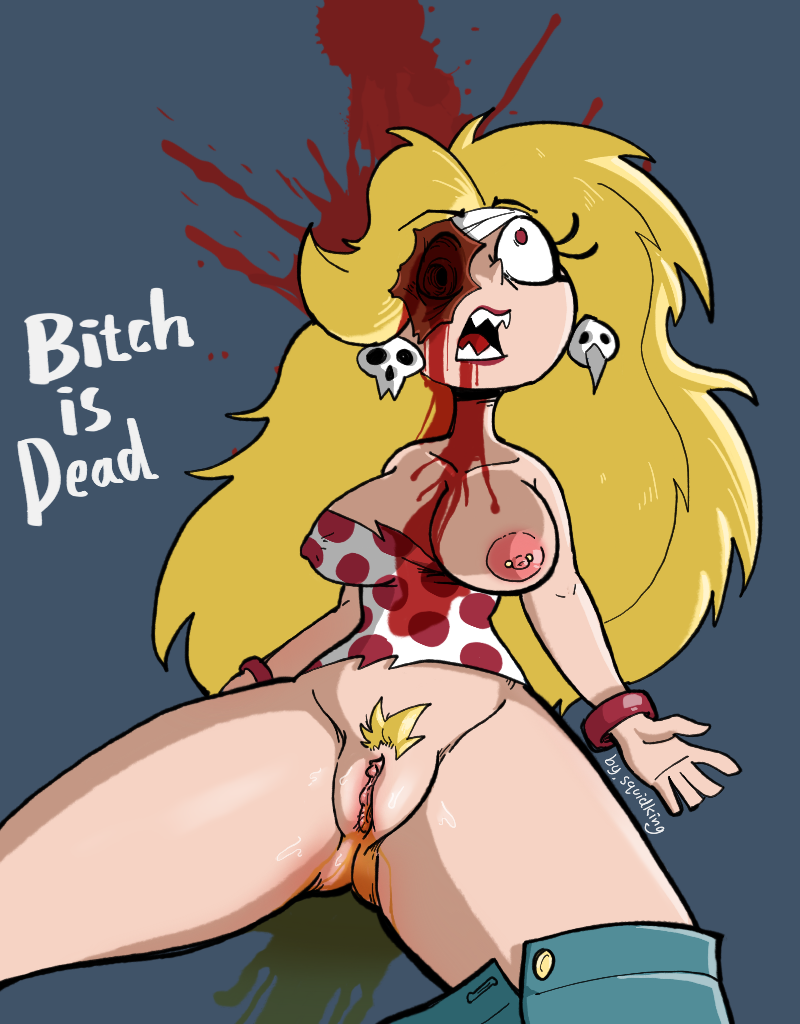 anthro big_breasts blonde_hair blood blood_from_eye blood_from_mouth blood_from_wound blood_in_mouth blood_on_clothing blood_on_face blood_splatter bodily_fluids bottomwear breasts clothed clothing clothing_lift corpse death death_piss erect_nipples exposed_breasts fangs female genital_fluids genitals gore hair helluva_boss incontinence martha_(vivzmind) nipple_piercing nipples peeing piercing pubes pussy pussy_juice pussy_juice_on_leg solo squidking teeth torn_clothing urine wetting wound_penetration wounded