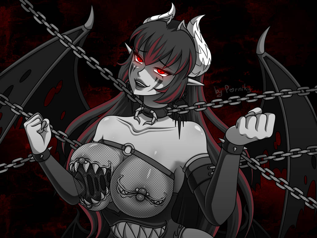 bat_wings body_horror breast_maw brown_hair colored_nails demon devil_horns_(disambiguation) facials_markings fangs female hair highlights_(coloring) horn membrane_(anatomy) membranous_wings nails pupils red_body red_eyes red_highlights red_nails red_skin slit_pupils spade_tail stomach_mouth succubus succubus_tail succubus_wings tail teeth wings womb_crest womb_tattoo