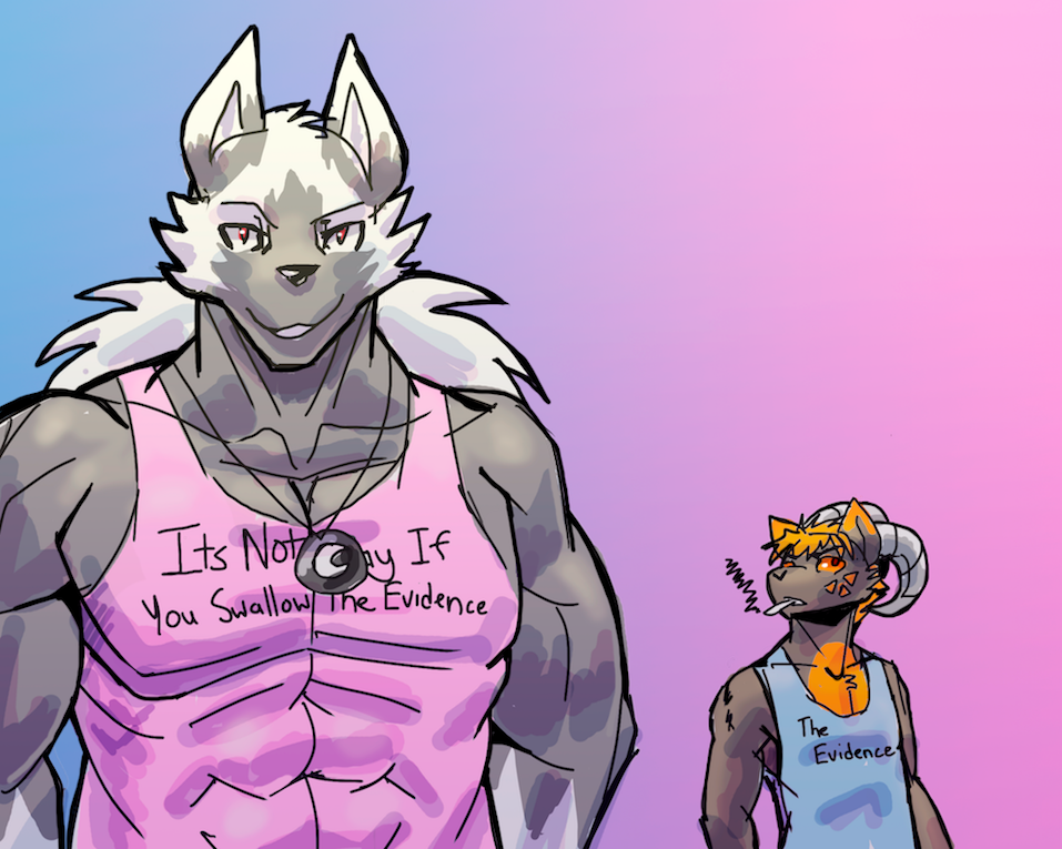 abs anthro azurai blue_clothing blue_shirt blue_tank_top blue_topwear chest_tuft cigarette clothing duo fur fur_markings gradient_background grey_body grey_fur hair horn humor imminent_vore iratu_elexion long_hair looking_at_viewer male male/male markings mrease muscular muscular_male orange_eyes orange_hair pendant pink_clothing pink_shirt pink_tank_top pink_topwear red_eyes shirt simple_background slightly_damned smile tank_top topwear tuft webcomic white_body white_fur