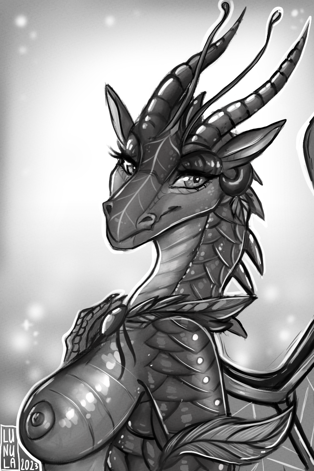 antennae_(anatomy) anthro big_breasts breasts clothed clothing crown dragon female greyscale headgear hi_res jewelry looking_at_viewer luna_(wof) lunula_(artist) majestic monochrome necklace nipples non-mammal_breasts non-mammal_nipples nude pinup portrait pose queen royalty scalie silkwing_(wof) solo tasteful_nudity topless wings_of_fire