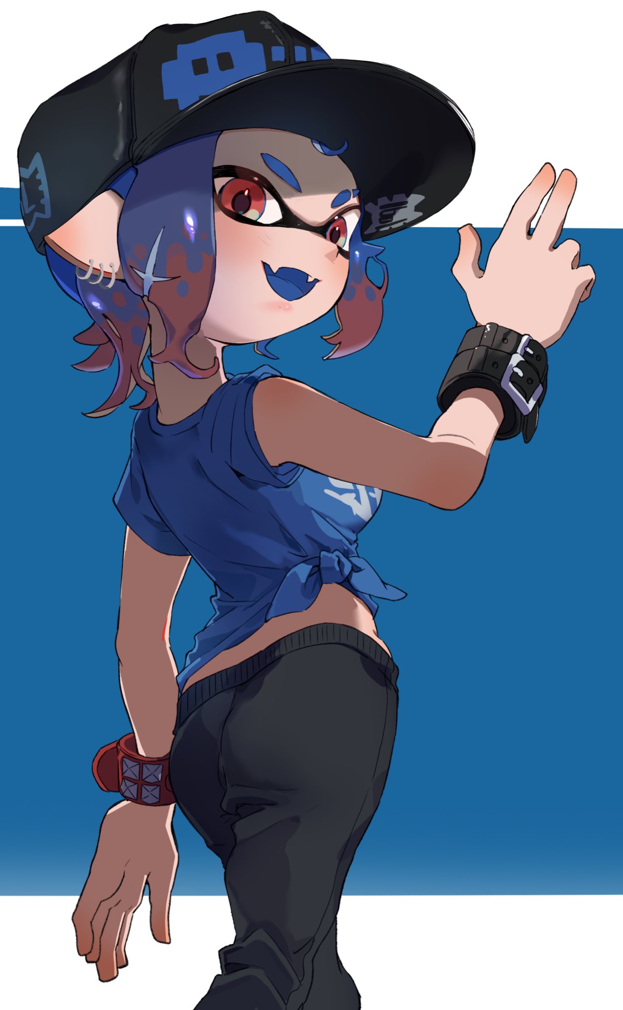 1girl baseball_cap black_pants blue_hair blue_mouth blue_shirt blue_tongue bracelet breasts colored_tongue earrings finger_gun fummatsu_soosu hat highres inkling inkling_girl jewelry medium_breasts multicolored_hair open_mouth pants pointy_ears red_eyes shirt short_hair short_sleeves solo splatoon_(series) splatoon_3 tentacle_hair tied_shirt