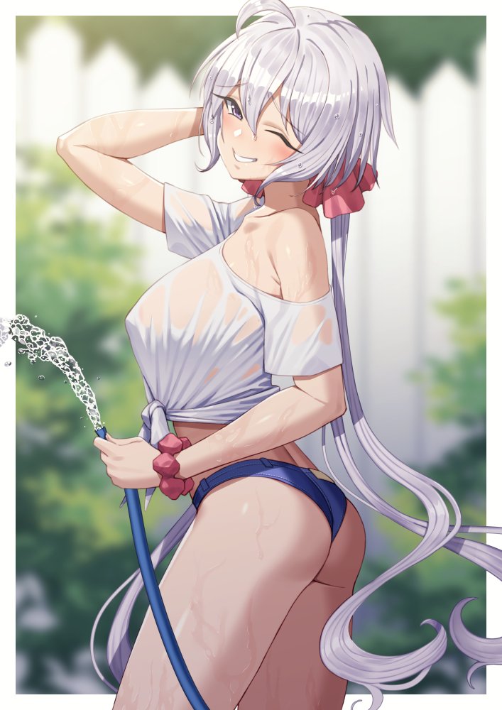 1girl ;) ass blue_shorts blurry blurry_background breasts fence from_side grey_hair hair_between_eyes holding holding_hose hose large_breasts long_hair looking_at_viewer low_twintails midriff off-shoulder_shirt off_shoulder one_eye_closed outdoors parted_lips pink_scrunchie purple_eyes scrunchie senki_zesshou_symphogear shirt short_shorts shorts smile solo tied_shirt tsukamoto_kensuke twintails very_long_hair water wet wet_clothes wet_hair wet_shirt white_shirt wooden_fence wrist_scrunchie yukine_chris