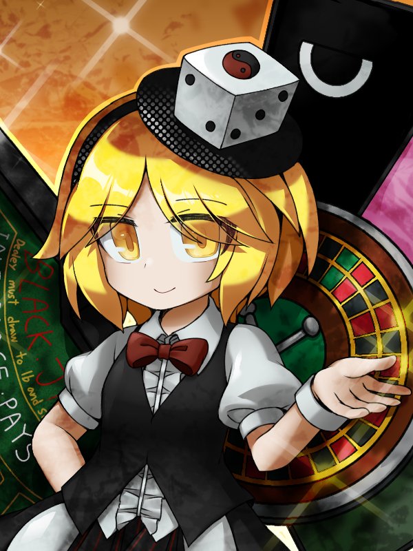 1other androgynous black_vest blonde_hair bow bowtie center_frills closed_mouth collared_shirt commentary dice english_commentary english_text eyes_visible_through_hair frills len'en other_focus puffy_short_sleeves puffy_sleeves red_bow red_bowtie shirt short_hair short_sleeves smile solo upper_body vest websci_3357 white_shirt white_wrist_cuffs wrist_cuffs xeno_a yellow_eyes