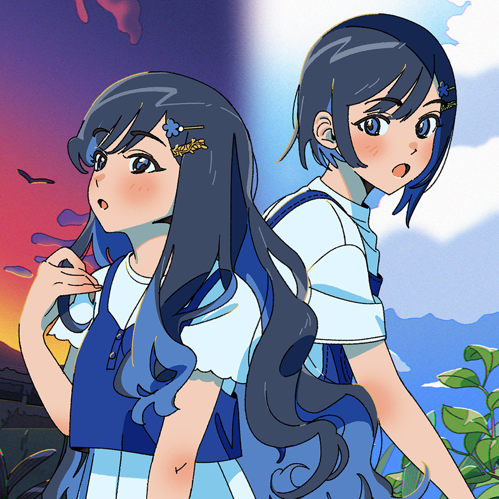 2girls :o alternate_costume alternate_hair_length alternate_hairstyle asymmetrical_sidelocks black_hair blue_eyes blue_hair blue_overalls blue_shirt blue_sky blush cevio cloud cloudy_sky colored_inner_hair commentary_request crop_top day_and_night dress dual_persona futaba_minato gradient_sky hair_ornament hairclip holding_own_hair layered_shirt looking_ahead looking_at_another looking_back momonosa_oekaki multicolored_hair multiple_girls overalls plant shirt short_hair short_sleeves simple_bird sky sleeveless sleeveless_shirt spaghetti_strap sunset upper_body wavy_hair white_dress white_shirt