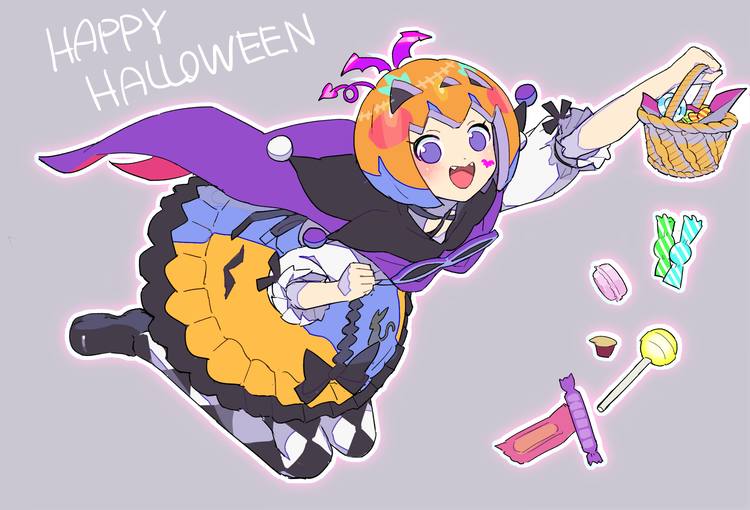 1girl :d argyle argyle_legwear arm_up basket black_footwear blush candy cape commentary_request demon_tail demon_wings facial_mark fake_tail fake_wings fangs food frilled_skirt frills full_body grey_background halloween_costume happy_halloween holding holding_basket idol_clothes jack-o'-lantern lollipop looking_at_viewer macaron moudoku_(decopon3rd) open_mouth orange_skirt outstretched_arm pretty_(series) pripara puffy_sleeves pumpkin_hat purple_cape purple_eyes ran-tan_(pripara) shoes skirt smile solo tail wings
