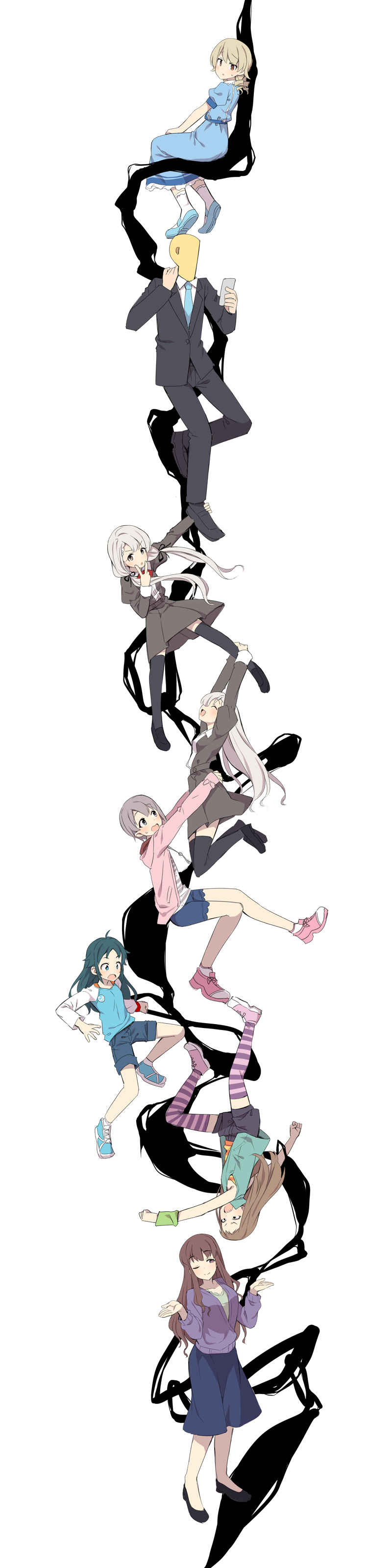 1boy 6+girls :d ^_^ absurdres black_footwear black_jacket black_pants black_ribbon black_shorts black_skirt black_thighhighs blue_dress blue_footwear blue_necktie blue_shirt blue_shorts blue_vest blush braid braided_bangs cellphone character_request check_character closed_eyes collared_shirt dress green_shirt grey_eyes grey_hair grey_jacket grey_skirt hair_over_shoulder hair_ribbon hands_up hanging hattori_toko highres hisakawa_hayate hisakawa_nagi holding holding_phone hood hood_down hooded_jacket idolmaster idolmaster_cinderella_girls jacket juliet_sleeves koseki_reina light_brown_hair long_hair long_sleeves low_twintails morikubo_nono multiple_girls nanjo_hikaru necktie open_clothes open_vest otokura_yuuki p-head_producer pants phone pink_footwear pink_jacket pleated_skirt producer_(idolmaster) puffy_long_sleeves puffy_short_sleeves puffy_sleeves purple_jacket raglan_sleeves ribbon ringlets shirt shoe_soles shoes short_sleeves shorts shrugging siblings simple_background sisters sitting skirt sleeveless sleeveless_shirt smile socks standing striped striped_shirt striped_thighhighs tall_image thighhighs twins twintails uccow upside-down v-shaped_eyebrows very_long_hair vest white_background white_shirt white_socks