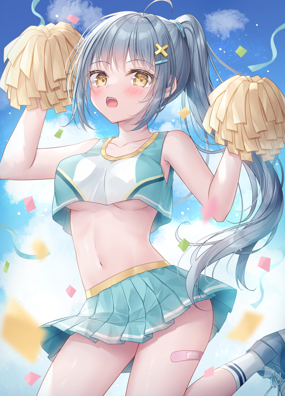 1girl ahoge arm_up bandaid bandaid_on_leg bare_arms bare_shoulders blue_skirt blue_sky blush breasts brown_eyes cheerleader cloud collarbone commentary_request commission confetti crop_top day grey_footwear grey_hair hair_ornament hairclip hand_up highres holding kohinata_hoshimi long_hair looking_at_viewer medium_breasts navel open_mouth original outdoors pleated_skirt ponytail shoes sidelocks skeb_commission skirt sky socks solo streamers underboob very_long_hair white_socks x_hair_ornament
